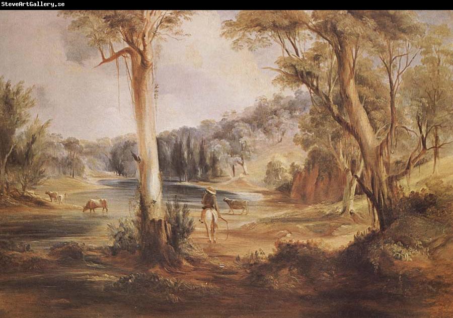 Conrad Martens Australian Landscape with cattle and a stockman at a creek